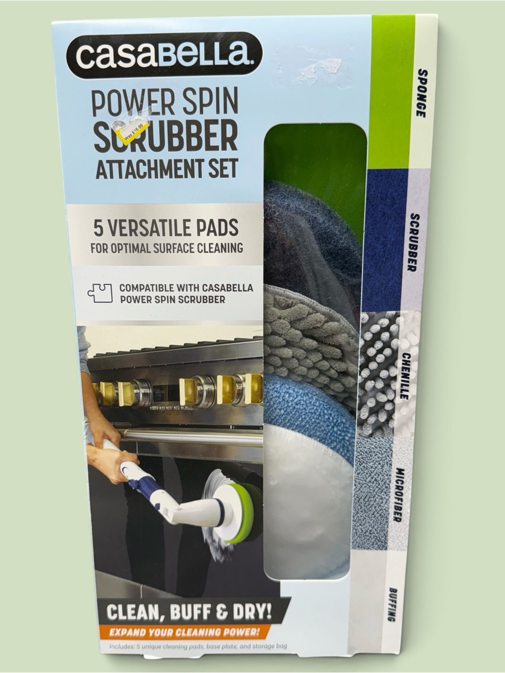 Casabella power spin scrubber attachment set 5 sponges cleaning pads new